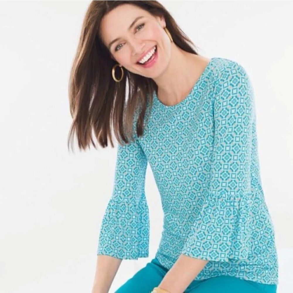 Chico's Tonal Tile Boho Flutter Sleeve Top Azul Isle Size 2(L)